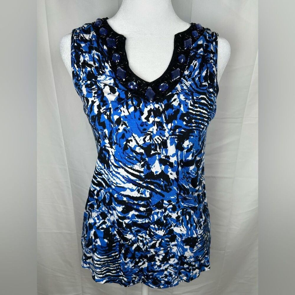 Cable & Gauge Embellished Sleeveless Top Women's Petite XS Blue V-neck Beaded